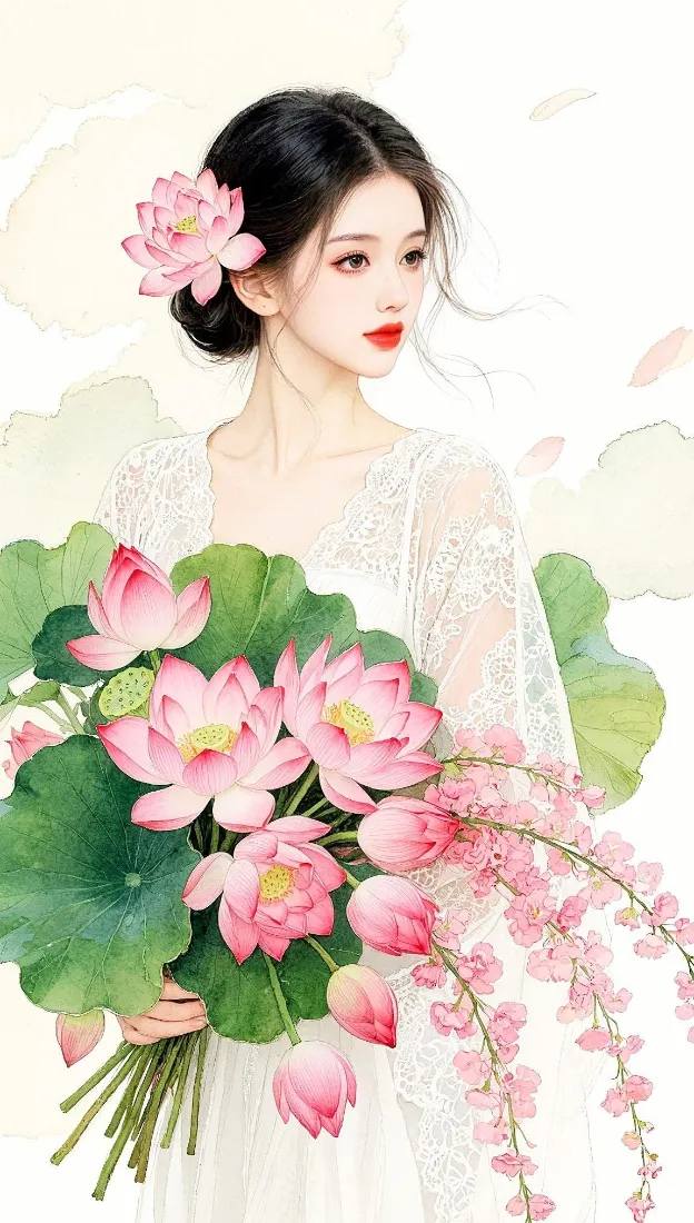 古风荷花美人手机壁纸｜清新国风背景图片 - 持荷温婉女子手绘「哲风壁纸」