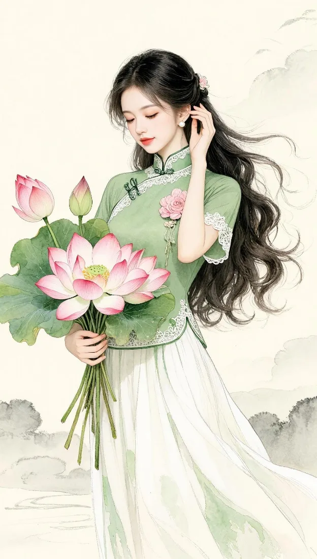 持荷旗袍女子手机壁纸｜国风插画背景图片 - 清雅温婉东方意境「哲风壁纸」