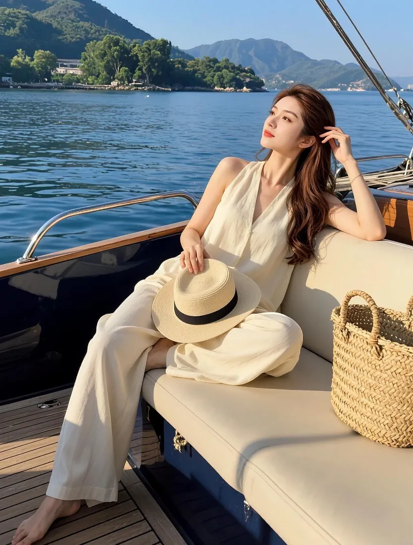 游艇美女｜度假穿搭背景图片 - 海边游轮休闲氛围「哲风壁纸」