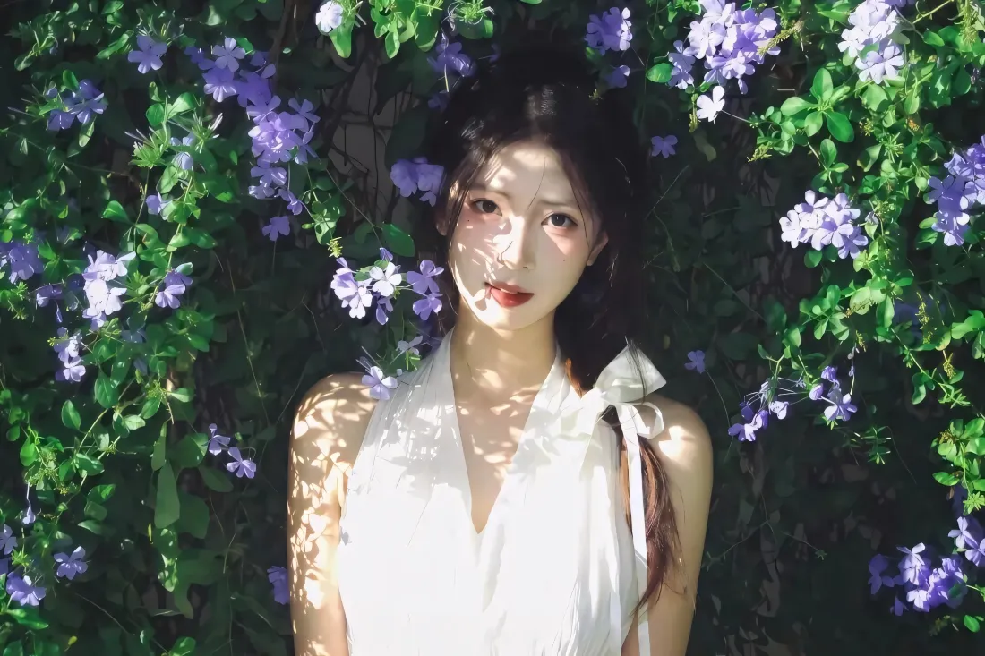 2k白裙美女壁纸｜花团背景图片 - 紫花绿植光影「哲风壁纸」