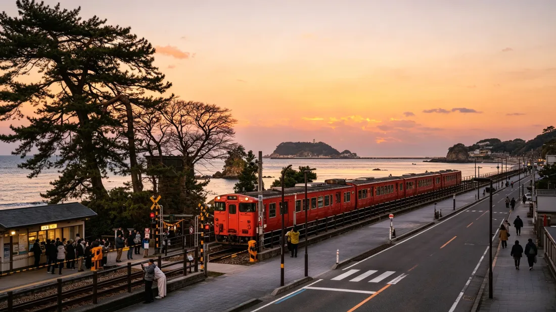 3k海边红色列车壁纸｜日落海滨背景图片 - 公路松树治愈风景「哲风壁纸」