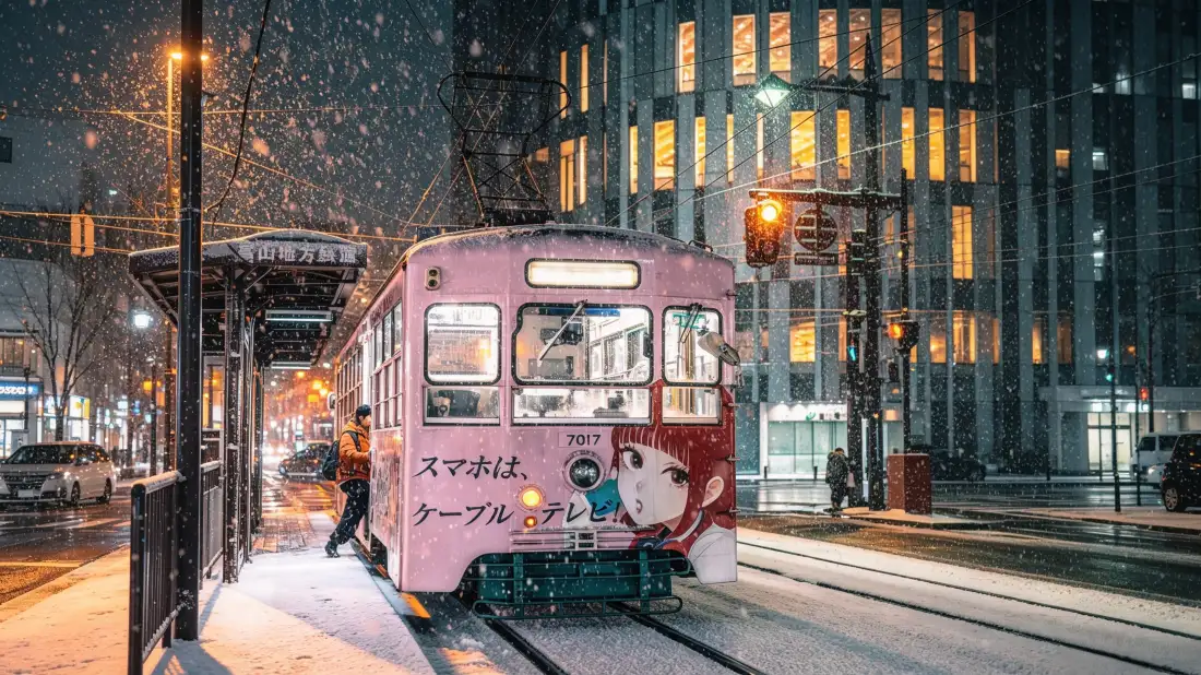 3k动漫痛电车｜雪夜城市街道背景图片 - 冬日街景「哲风壁纸」