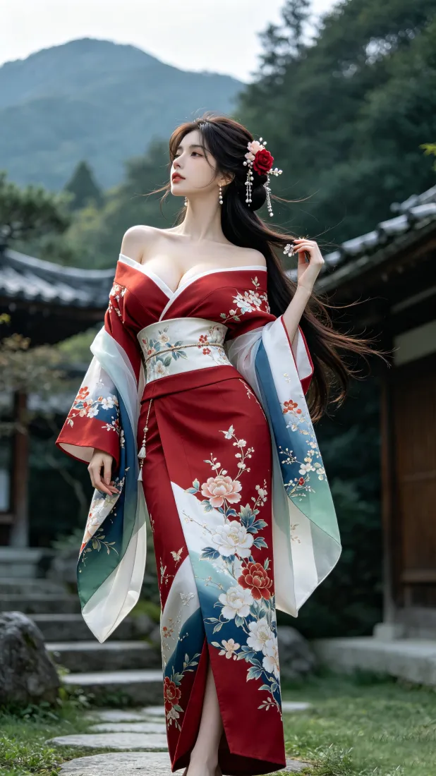 和服美女手机壁纸｜日式庭院背景图片 - 红色印花露肩大长腿「哲风壁纸」