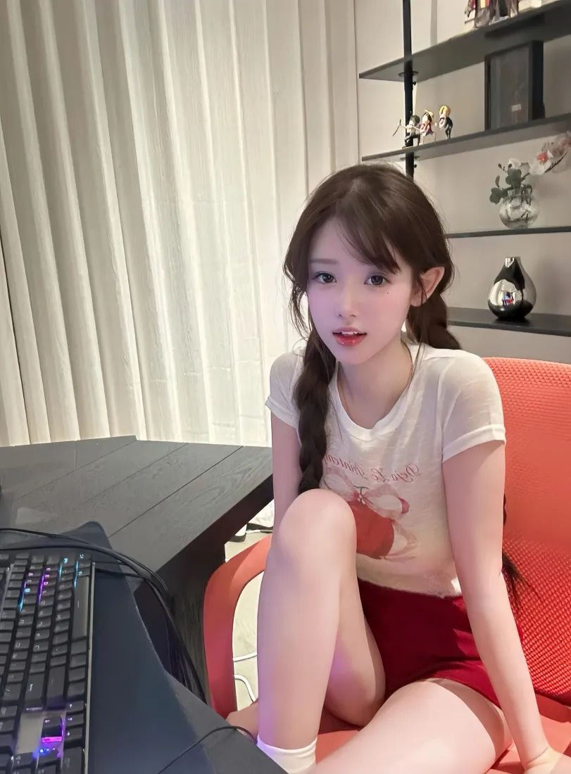 甜妹美女｜居家室内背景图片 - 双麻花辫白T恤红短裤「哲风壁纸」
