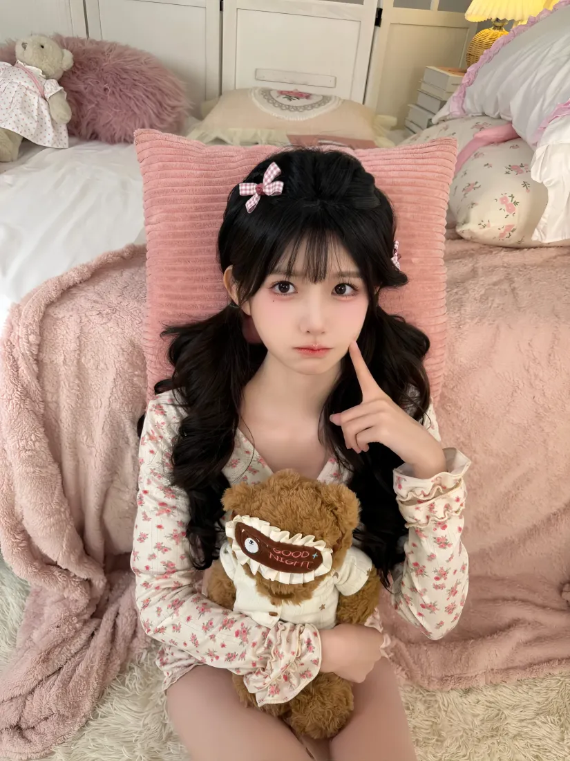 甜妹美女手机壁纸｜卧室居家背景图片 - 双马尾抱小熊软萌少女「哲风壁纸」