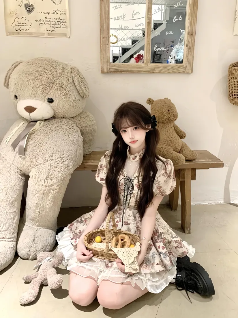 甜妹美女手机壁纸｜洛丽塔裙装背景图片 - 毛绒小熊室内写真「哲风壁纸」