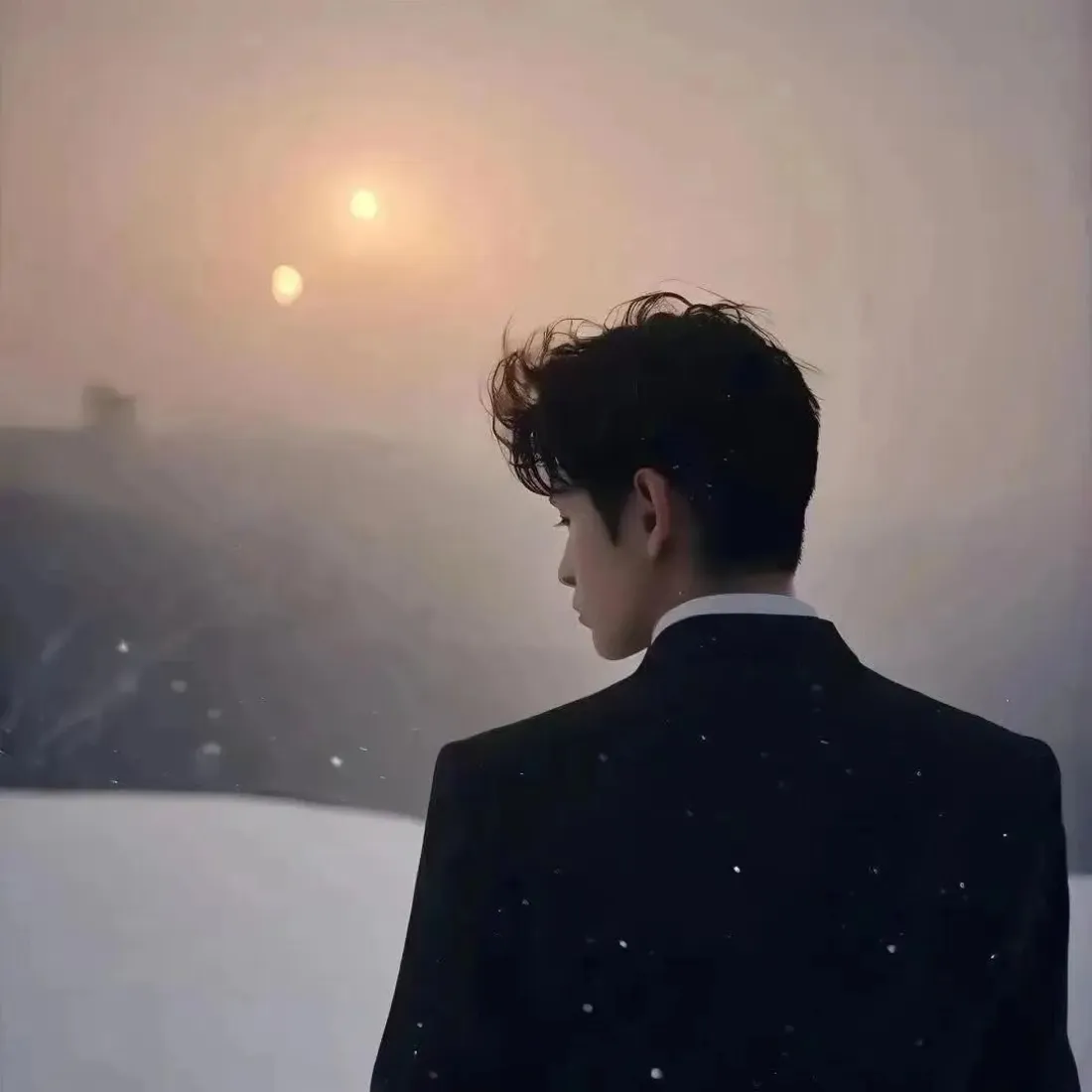 西装帅哥｜雪景暖光背景图片 - 情侣头像男款「哲风壁纸」