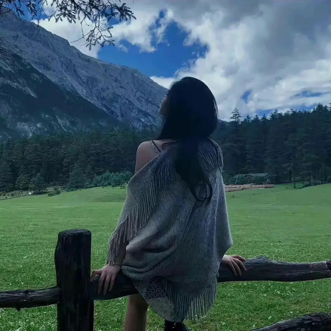 美女背影｜玉龙雪山云杉坪背景图片 - 草甸森林「哲风壁纸」
