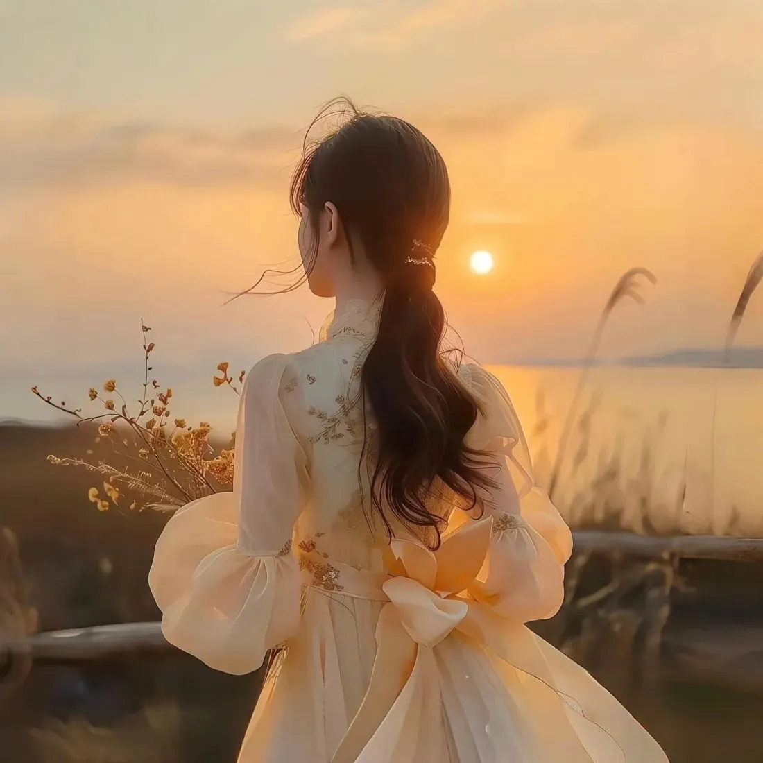 少女背影手机壁纸｜日落水边背景图片 - 纱裙芦苇氛围感「哲风壁纸」