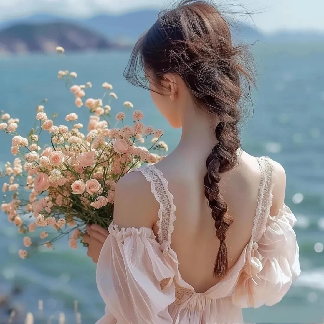 海边捧花少女手机壁纸｜背影背景图片 - 露背麻花辫氛围感「哲风壁纸」