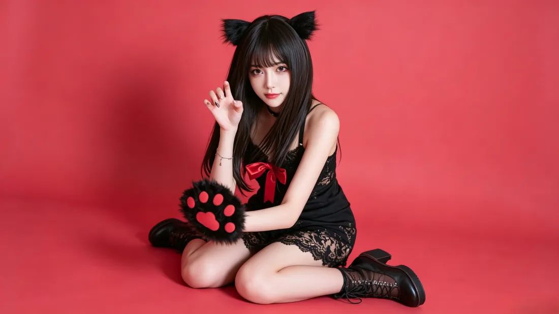 3k猫耳少女壁纸｜红色背景图片 - 黑裙猫爪俏皮写真「哲风壁纸」