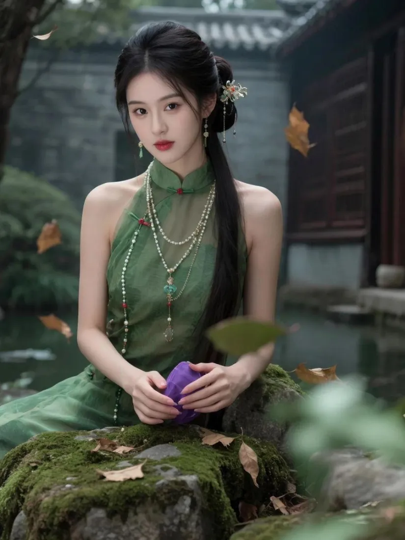 绿色旗袍美女手机壁纸｜中式园林背景图片 - 古典温婉佳人「哲风壁纸」