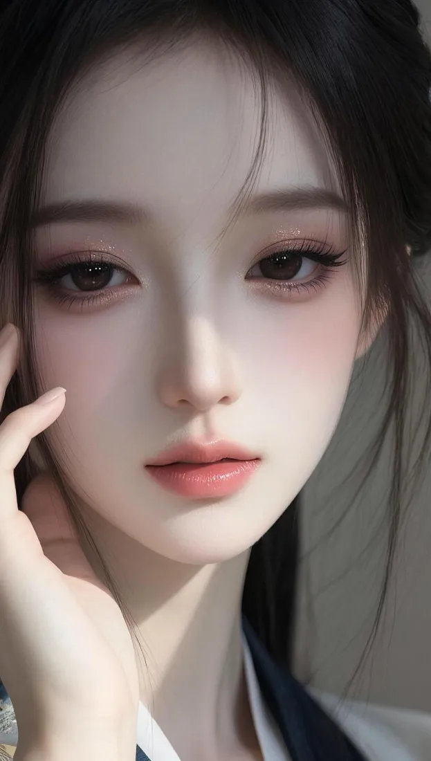手绘美女手机壁纸｜手机背景图片 - 黑发女生托脸肖像「哲风壁纸」