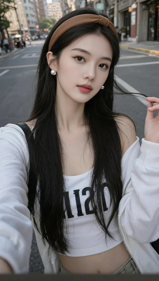 气质女生手机壁纸｜街拍背景图片 - 黑长直露肩穿搭「哲风壁纸」