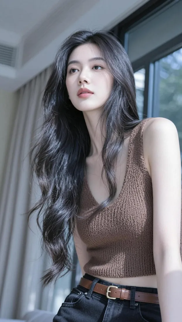 长发美女手机壁纸｜室内窗边背景图片 - 棕色针织背心穿搭「哲风壁纸」