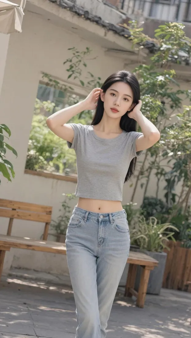 气质美女手机壁纸｜户外庭院背景图片 - 灰T恤牛仔裤随拍「哲风壁纸」