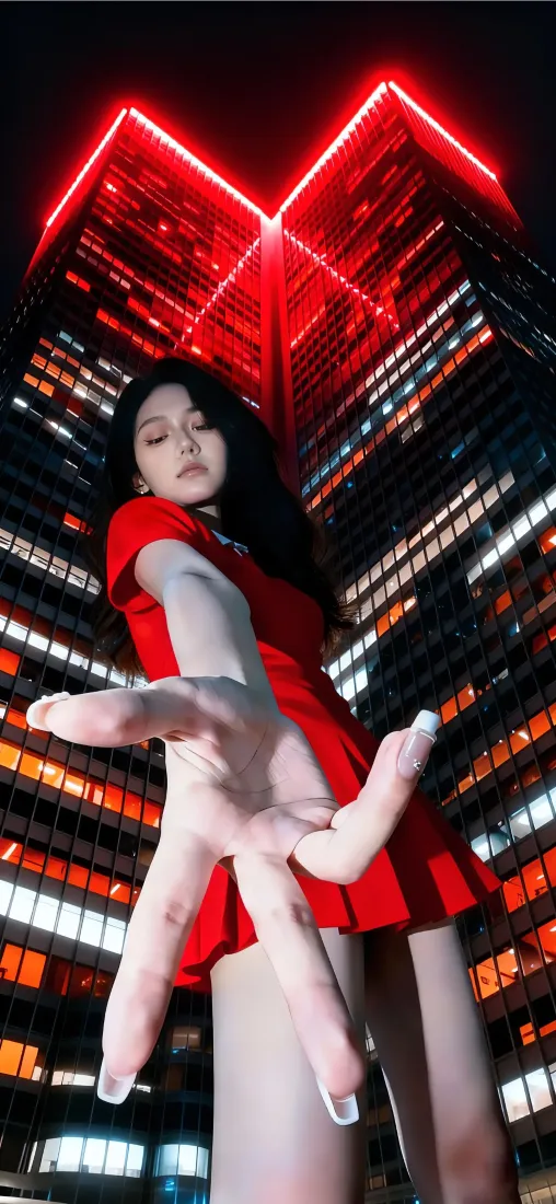 红衣美女手机壁纸｜城市夜景背景图片 - 霓虹仰拍氛围感「哲风壁纸」