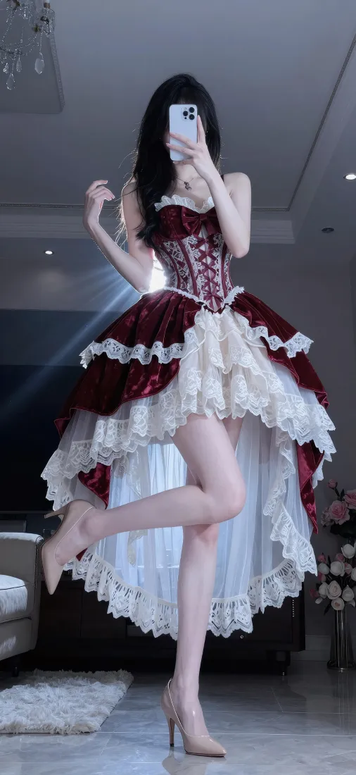 洛丽塔美女手机壁纸｜酒红裙装背景图片 - 对镜自拍穿搭「哲风壁纸」