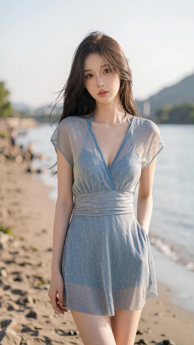 海边美女手机壁纸｜沙滩背景图片 - 蓝裙长发氛围感「哲风壁纸」