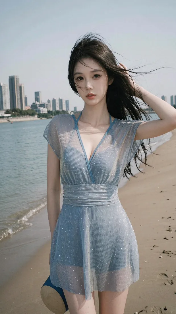 海边美女手机壁纸｜沙滩背景图片 - 蓝裙长发清新「哲风壁纸」