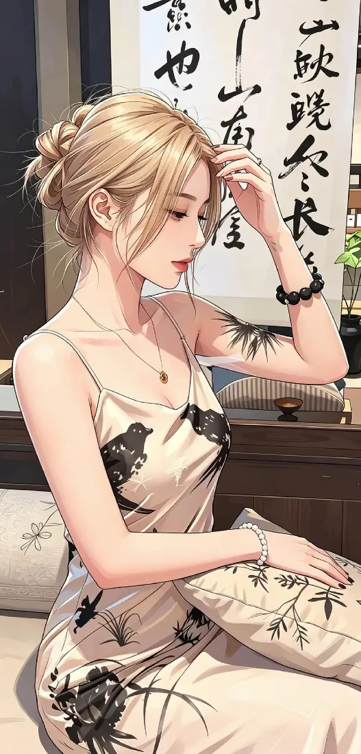 国风少女手机壁纸｜水墨吊带背景图片 - 盘发温婉室内场景「哲风壁纸」