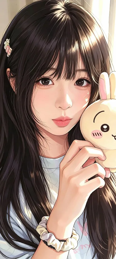 少女自拍手机壁纸｜可爱兔子玩偶背景图片 - 黑发齐刘海甜妹「哲风壁纸」