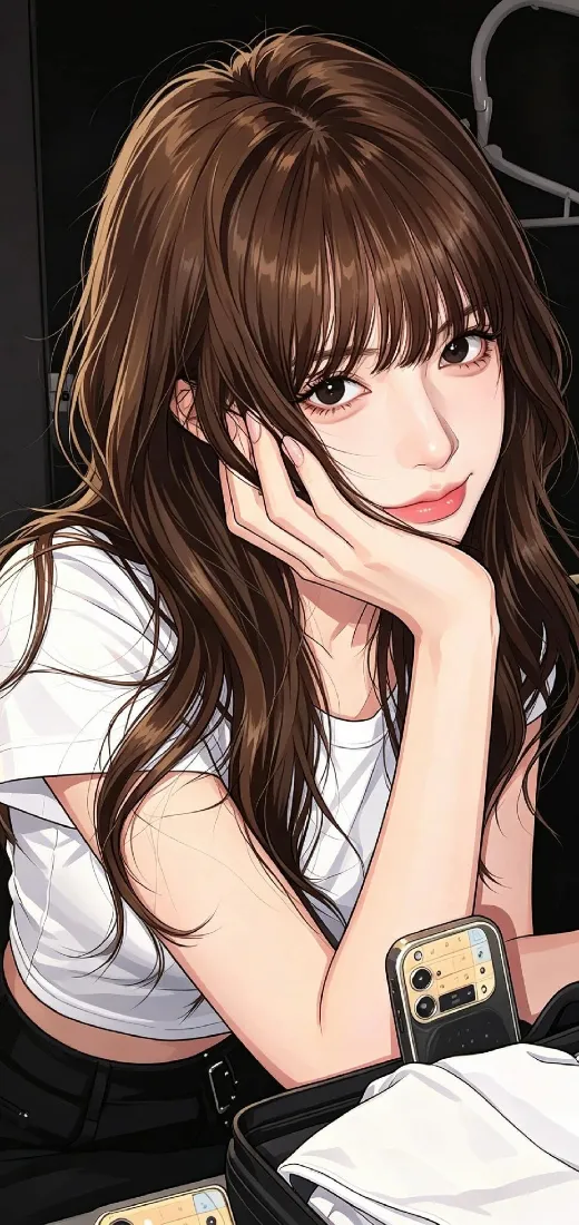 托腮棕发少女手机壁纸｜日常自拍背景图片 - 白T恤「哲风壁纸」