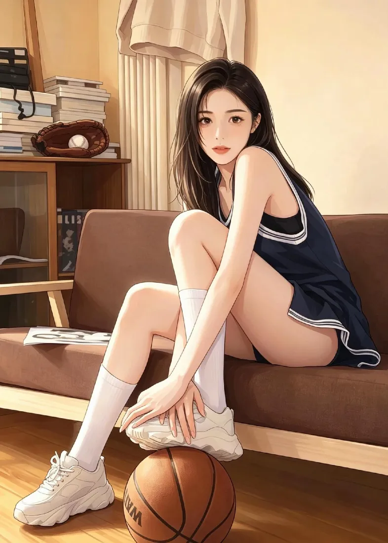 篮球少女手机壁纸｜室内沙发背景图片 - 运动风穿搭「哲风壁纸」