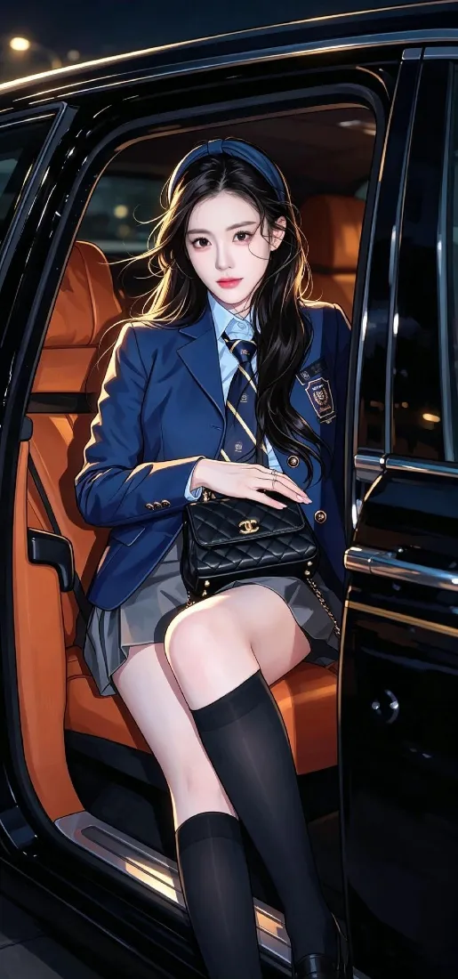 学院风美女手机壁纸｜豪车夜景背景图片 - JK制服穿搭「哲风壁纸」
