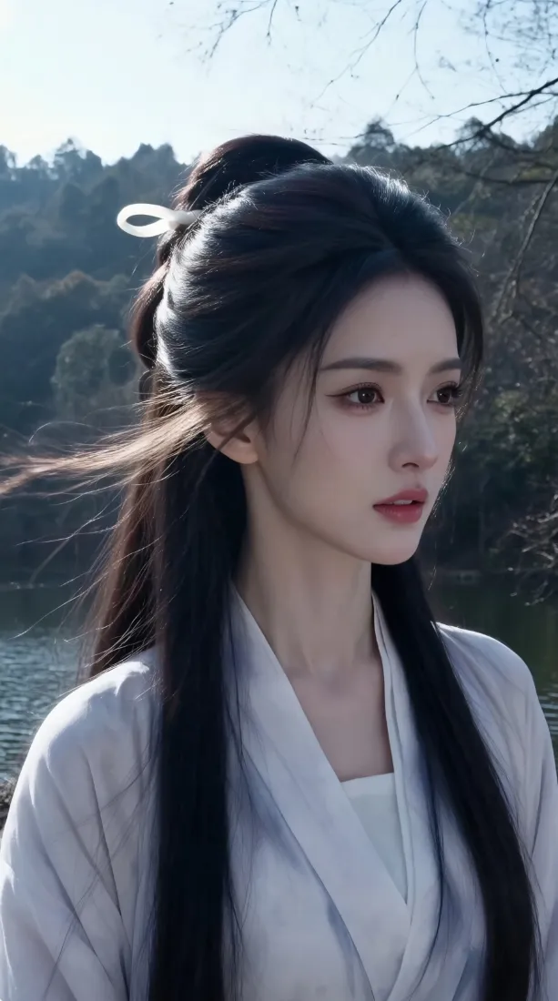 古风白衣女子手机壁纸｜山林水边背景图片 - 长发素雅侧颜「哲风壁纸」