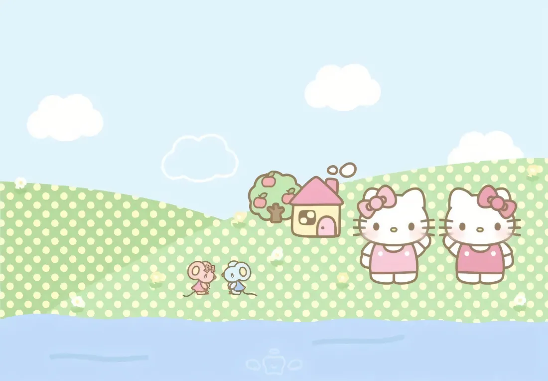 2k凯蒂猫壁纸｜草地小屋背景图片 - 可爱卡通治愈场景「哲风壁纸」