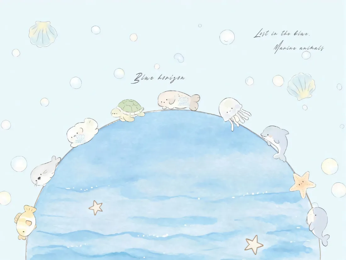 3k卡通海洋动物壁纸｜浅蓝色海面背景图片 - 治愈系可爱Q版生物「哲风壁纸」