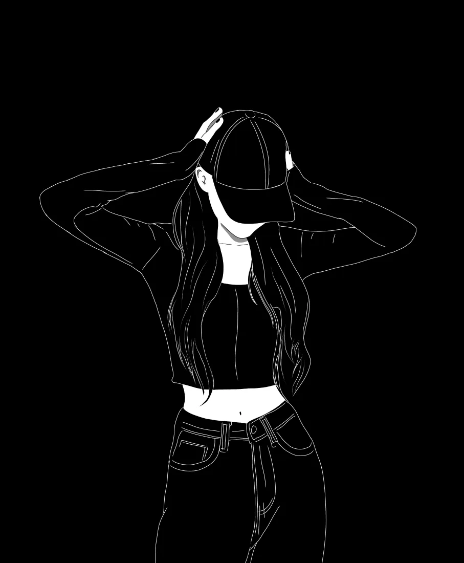 酷女孩手机壁纸｜黑白线稿背景图片 - 戴鸭舌帽露腰穿搭「哲风壁纸」