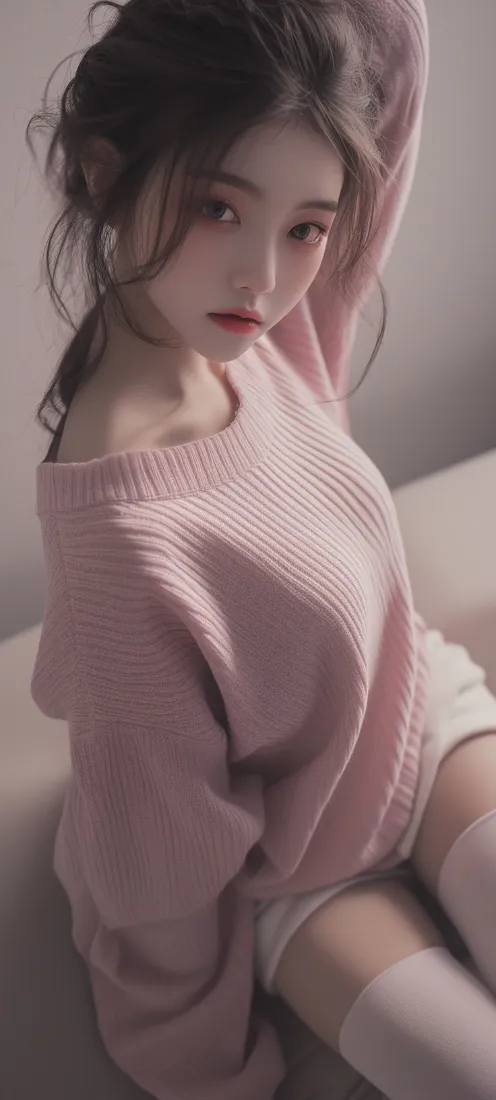 粉色毛衣美女手机壁纸｜居家慵懒背景图片 - 纯欲氛围感少女「哲风壁纸」