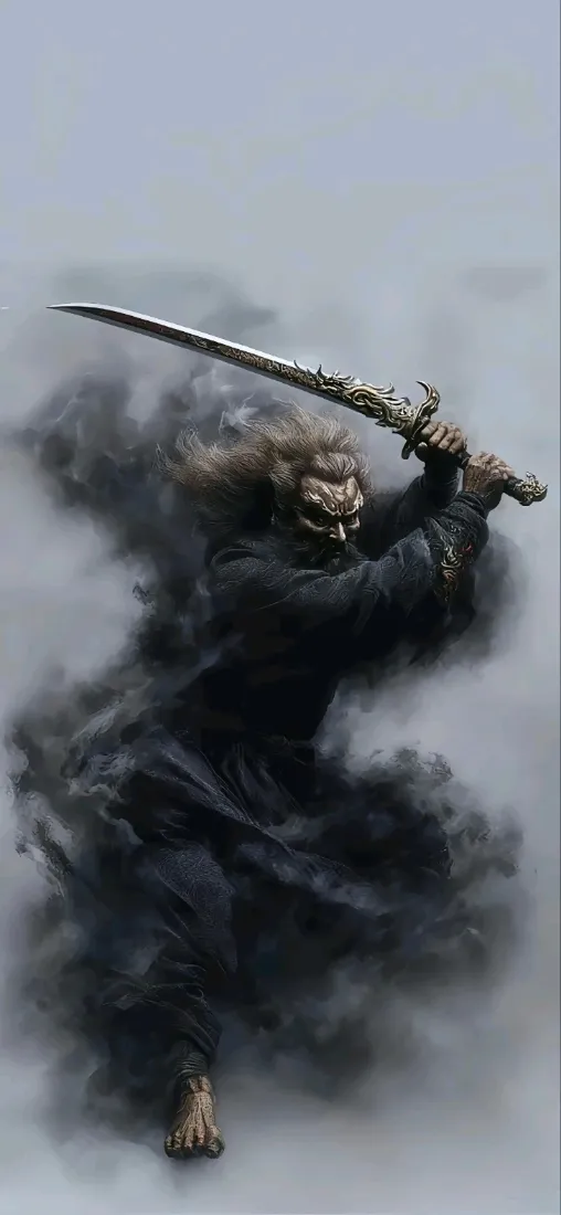 持刀面具武士手机壁纸｜水墨风背景图片 - 暗黑武侠「哲风壁纸」
