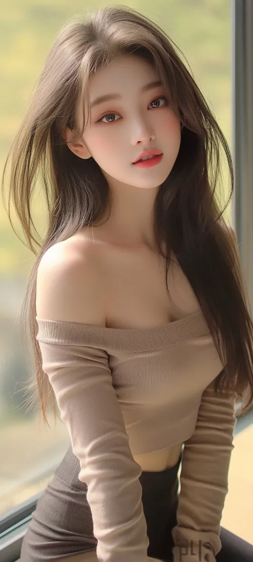 AI美女手机壁纸｜窗边光影背景图片 - 露肩温柔少女「哲风壁纸」