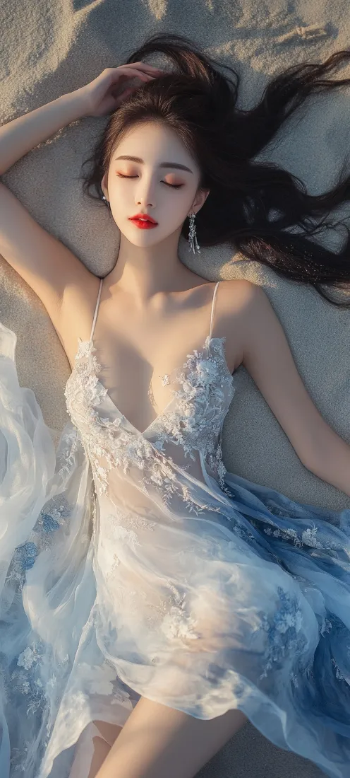 蓝纱裙美女手机壁纸｜闭眼卧姿背景图片 - 长发吊带纱裙「哲风壁纸」