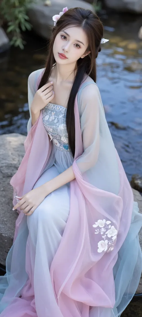 古风汉服美女手机壁纸｜溪畔水边背景图片 - 蓝粉纱衣温婉人像「哲风壁纸」