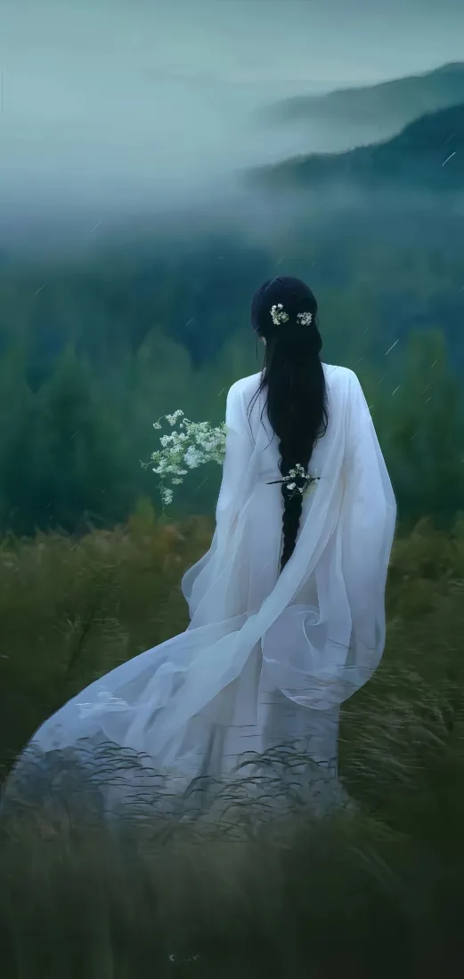 古风白衣女子手机壁纸｜山间雾林背景图片 - 蒙面持花清冷背影「哲风壁纸」