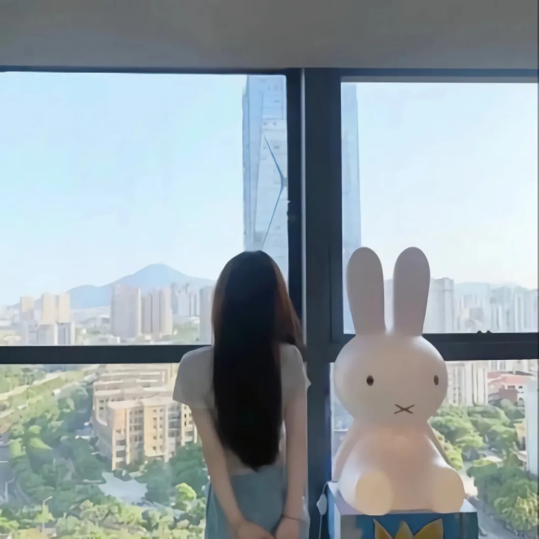 长发美女手机壁纸｜窗边米菲兔背景图片 - 城市高空景观「哲风壁纸」