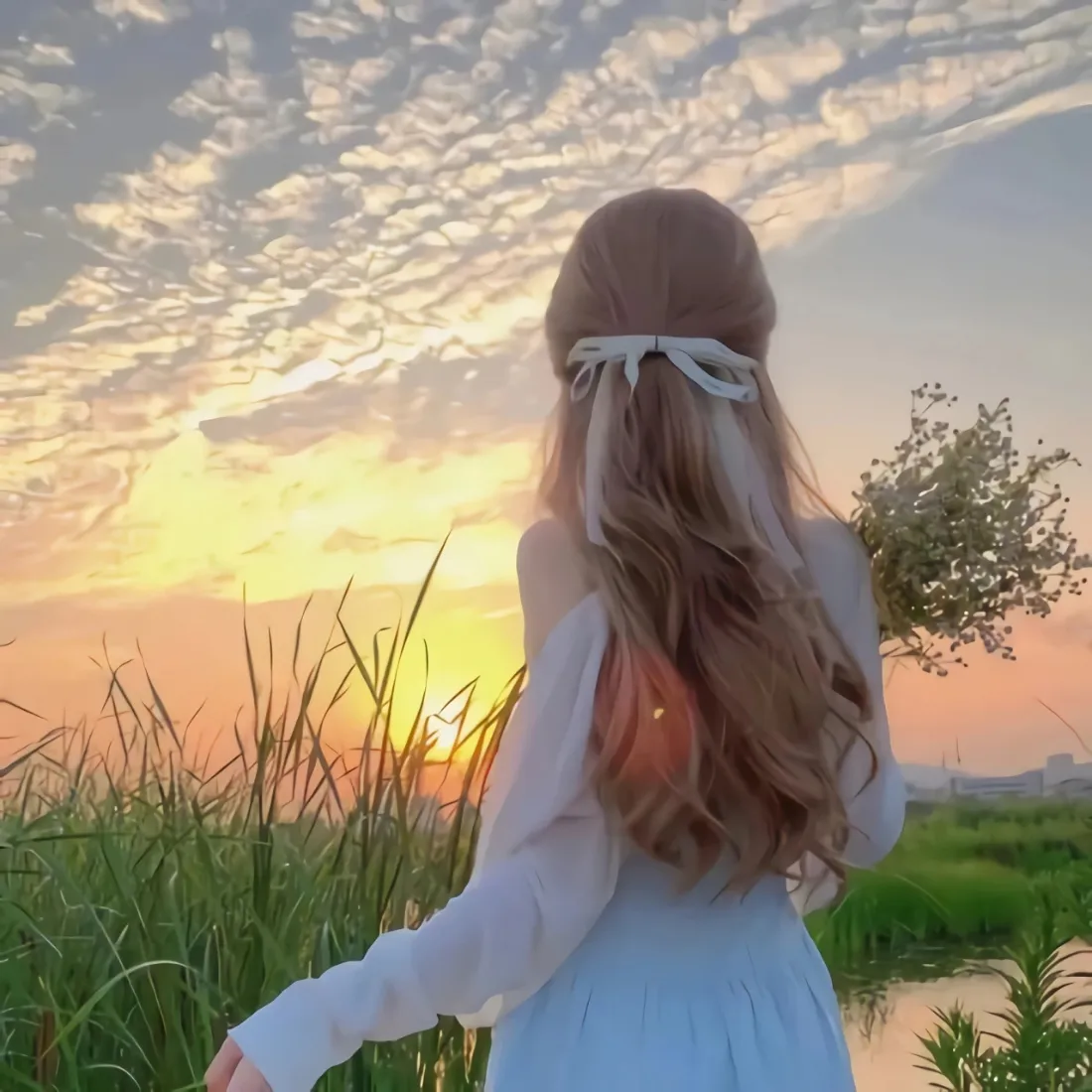 长发美女背影手机壁纸｜芦苇河畔日落背景图片 - 贝雷帽白裙氛围感「哲风壁纸」