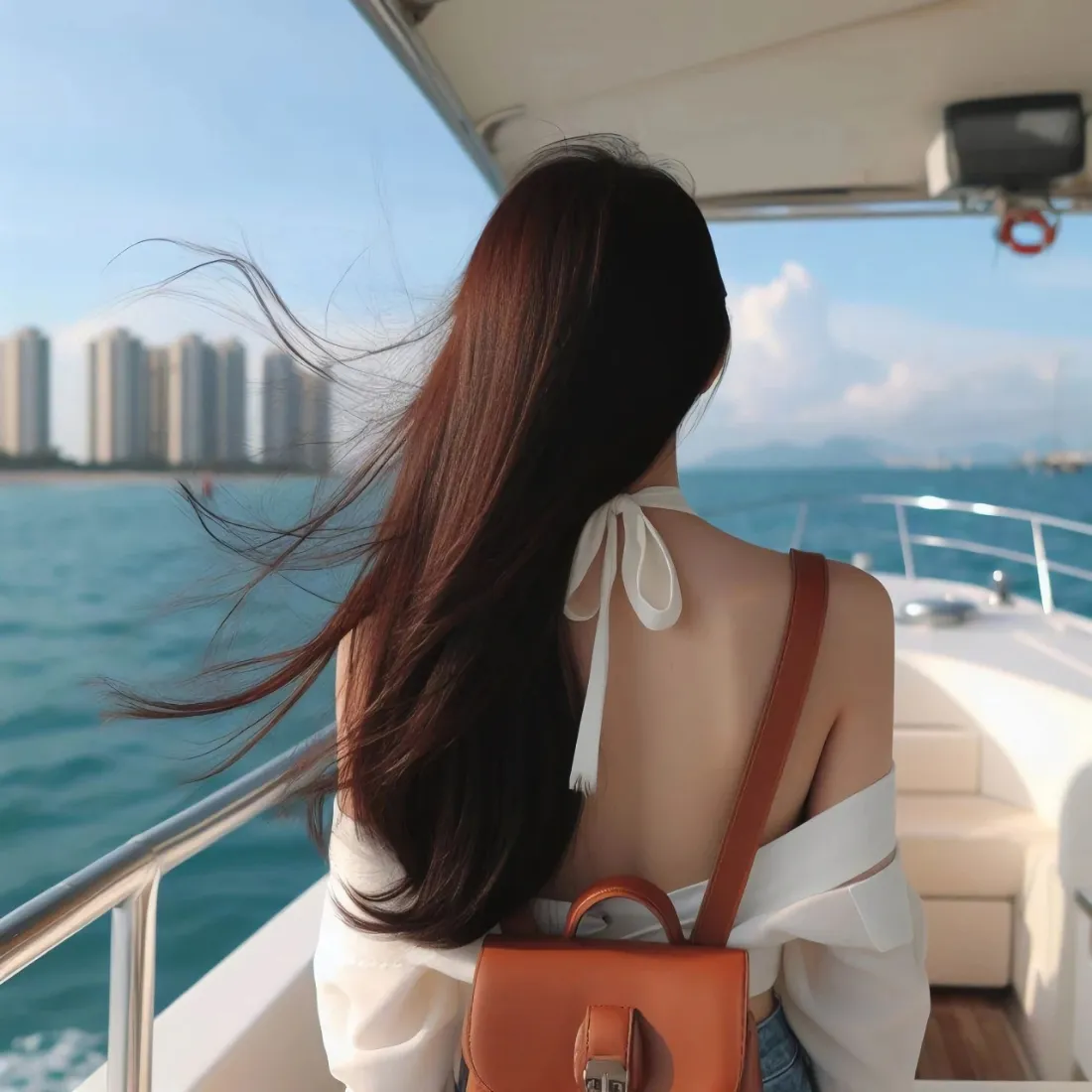 长发女生背影｜游艇出游背景图片 - 海边度假「哲风壁纸」