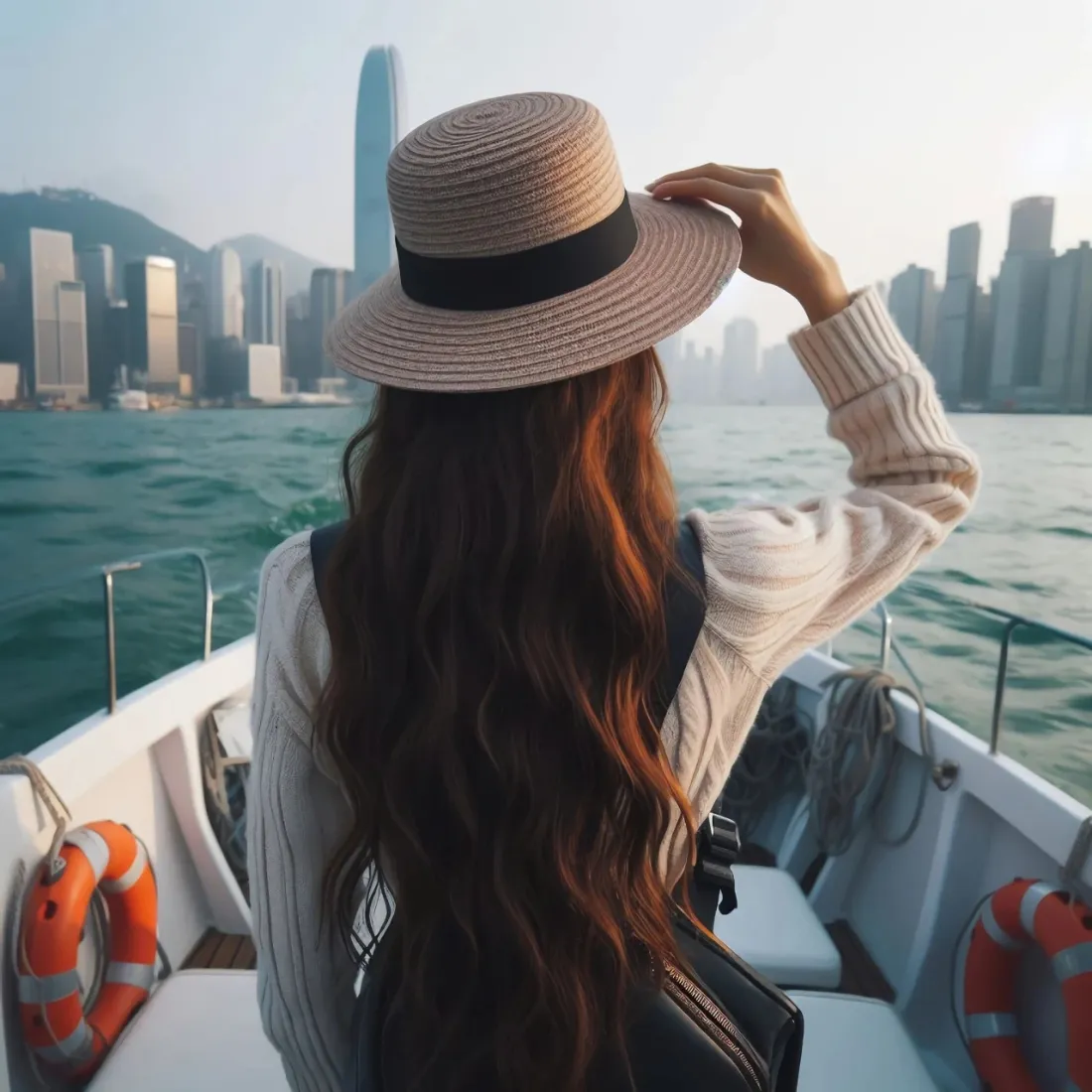 维多利亚港手机壁纸｜游船女生背影 - 城市海景度假「哲风壁纸」