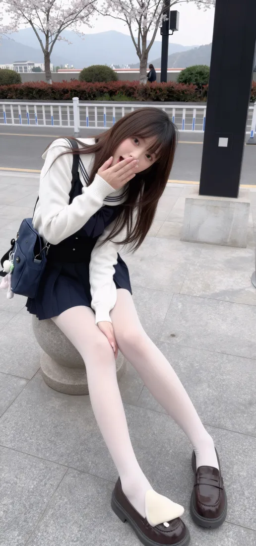 少女手机壁纸｜户外街拍背景图片 - 学院风穿搭白丝坐姿「哲风壁纸」