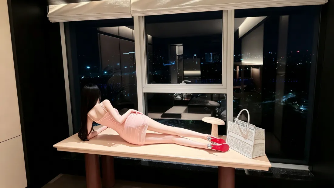 3k粉裙美女壁纸｜窗边夜景背景图片 - 侧躺木桌「哲风壁纸」