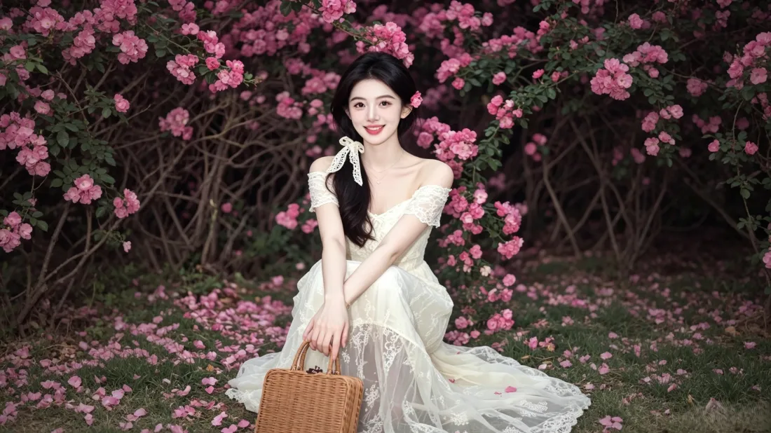 3k蔷薇花下少女壁纸｜花海写真背景图片 - 白裙森系氛围感「哲风壁纸」