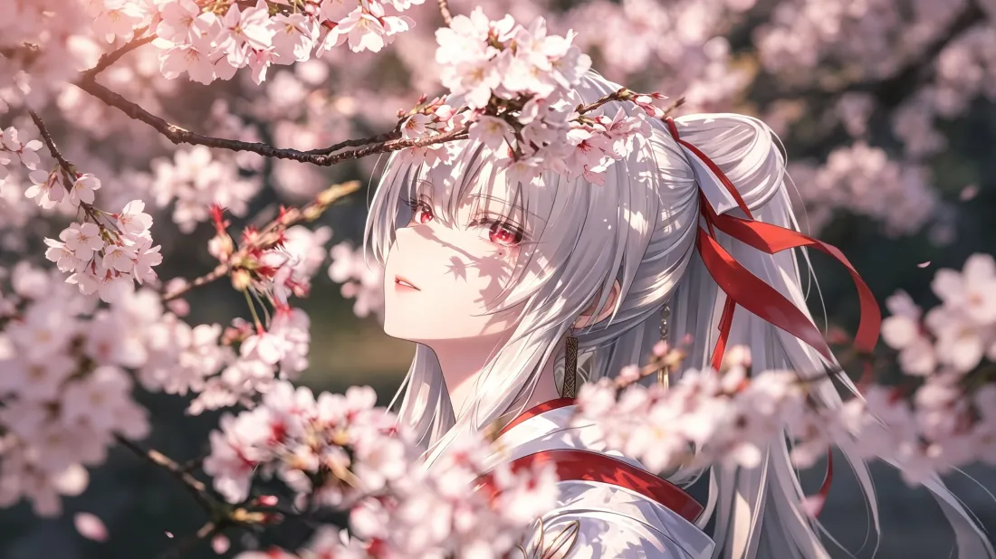 3k白发少女壁纸｜樱花树背景图片 - 红丝带红瞳二次元插画「哲风壁纸」