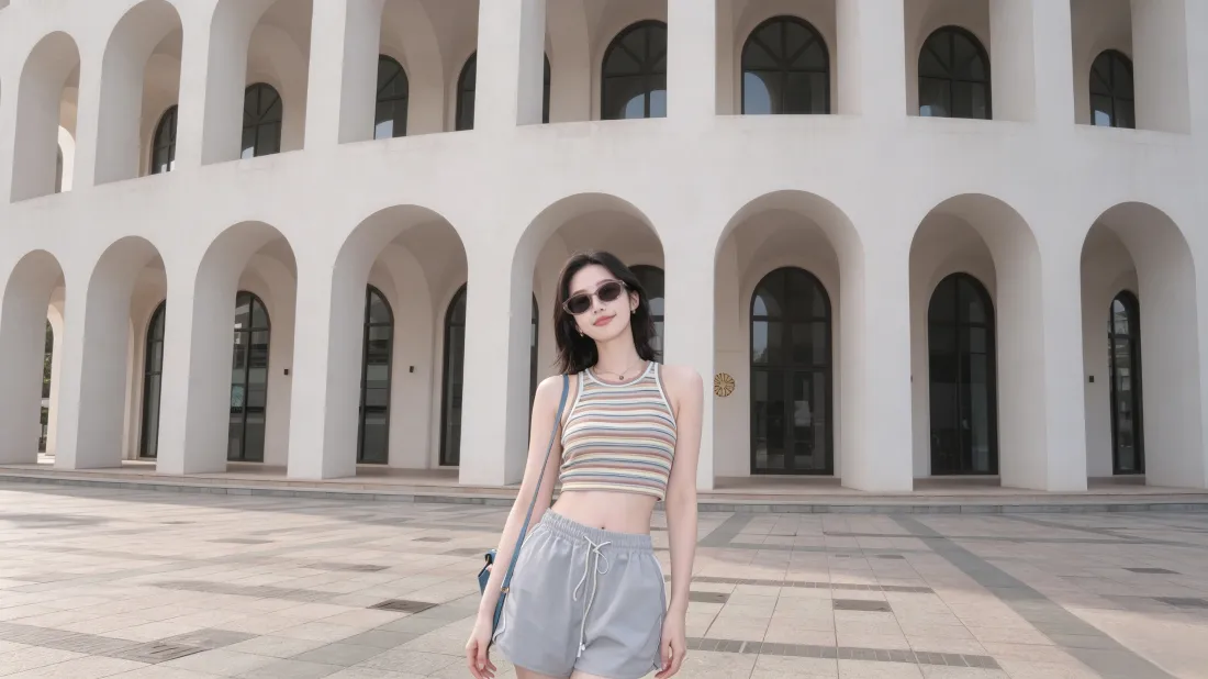 3k戴墨镜美女｜白色拱廊建筑背景图片 - 休闲穿搭街拍「哲风壁纸」