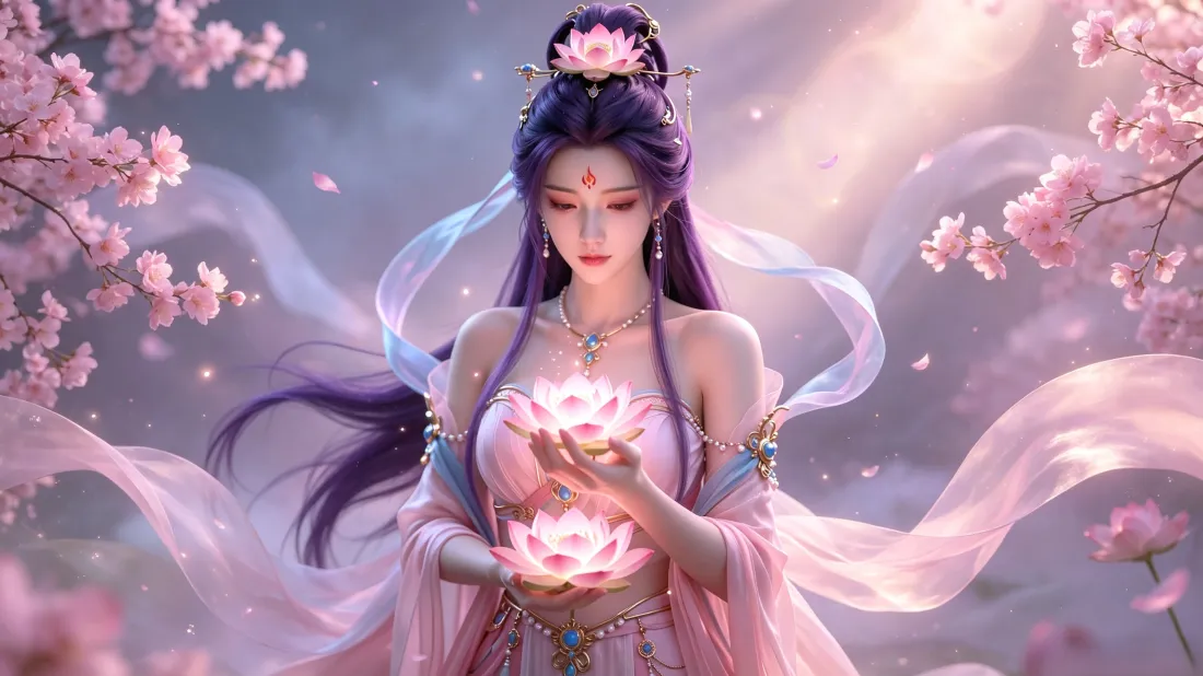 3k古风仙女壁纸｜桃花背景图片 - 手捧发光莲花「哲风壁纸」
