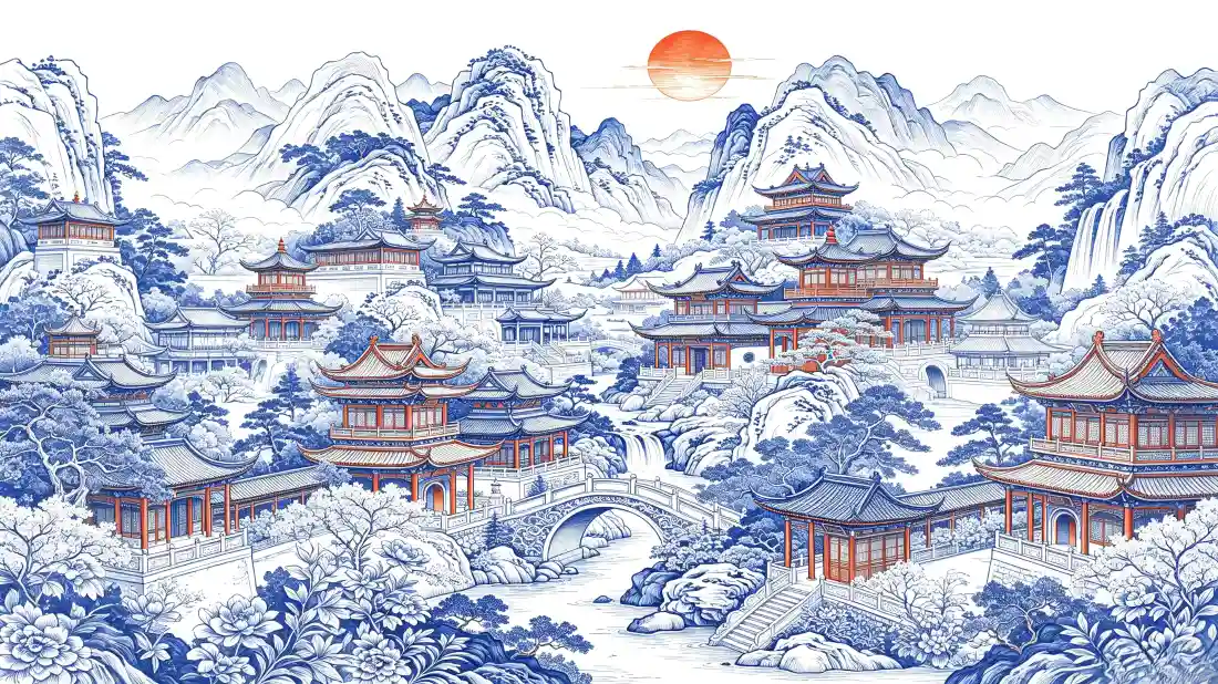 3k青花瓷国风山水｜亭台楼阁背景图片 - 冬日雪景「哲风壁纸」